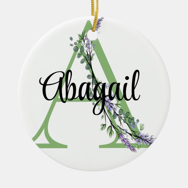 Alphabet letter A, watercolor Lavender Eucalyptus  Ceramic Tree Decoration (Front)