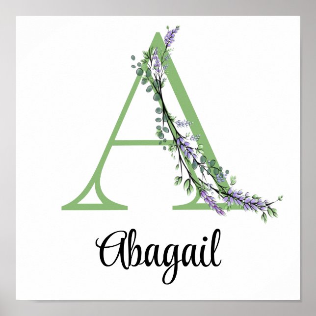 Alphabet letter A watercolor Lavender Eucalyptus  Poster (Front)