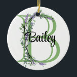 Alphabet letter b, watercolor Lavender botnical Ceramic Tree Decoration<br><div class="desc">A romantic and elegant design with monogrammed alphabet letter "B" framed by eucalyptus and lavender and dragonfly painted in watercolors. To get started changing the name, click on "Personalise this template" and edit the wording in the template boxes. To access the more advanced editing tools, scroll down to "Click to...</div>