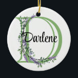 Alphabet letter D, watercolor Lavender botanical Ceramic Tree Decoration<br><div class="desc">A romantic and elegant design with monogrammed alphabet letter "D" framed by eucalyptus and lavender and dragonfly painted in watercolors. To get started changing the name, click on "Personalise this template" and edit the wording in the template boxes. To access the more advanced editing tools, scroll down to "Click to...</div>