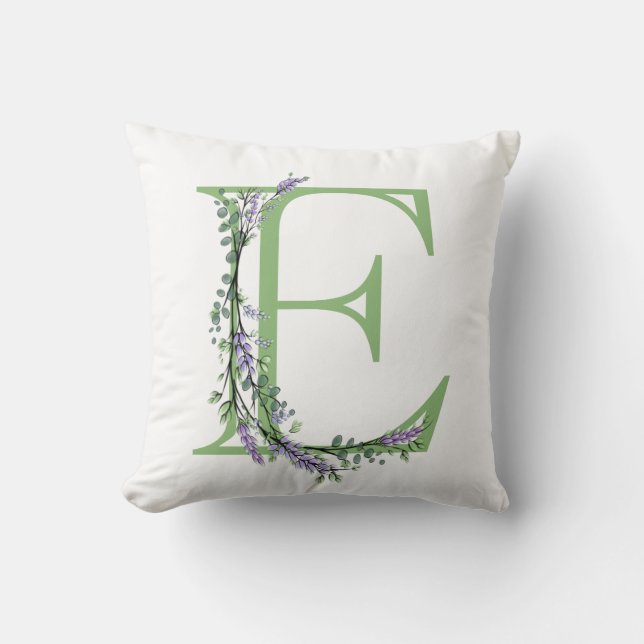 Alphabet letter E Lavender Eucalyptus monogram Cushion (Front)
