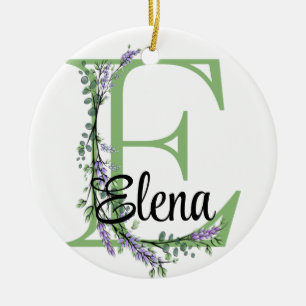 Alphabet letter E, watercolor Lavender botanical Ceramic Tree Decoration