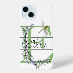 Alphabet letter E, watercolor Lavender Dragonfly iPhone 15 Mini Case