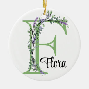 Alphabet letter F, watercolor Lavender botanical Ceramic Tree Decoration