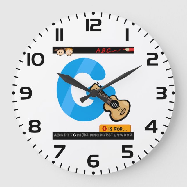 Alphabet Letter G is for Guitar Large Clock (Front)