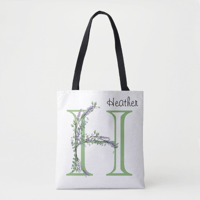 Alphabet letter H watercolor Lavender Eucalyptus Tote Bag (Front)