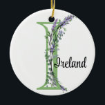 Alphabet letter I, watercolor Lavender botanical Ceramic Tree Decoration<br><div class="desc">A romantic and elegant design with monogrammed alphabet letter "I" framed by eucalyptus and lavender and dragonfly painted in watercolors. To get started changing the name, click on "Personalise this template" and edit the wording in the template boxes. To access the more advanced editing tools, scroll down to "Click to...</div>