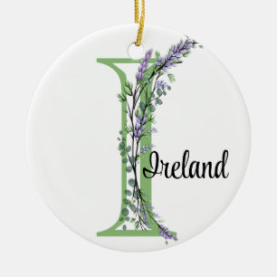 Alphabet letter I, watercolor Lavender botanical Ceramic Tree Decoration