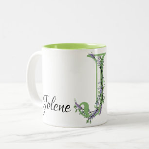 Alphabet letter J, watercolor Lavender botanical Two-Tone Coffee Mug