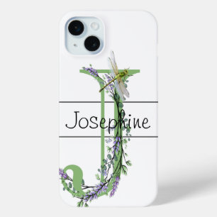 Alphabet letter J, watercolor Lavender Dragonfly iPhone 15 Mini Case