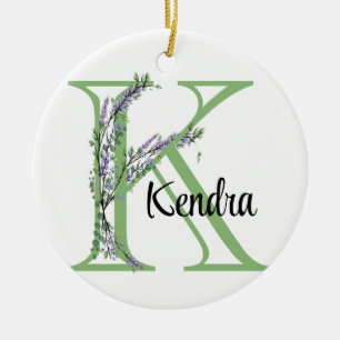 Alphabet letter K, watercolor Lavender botanical Ceramic Tree Decoration