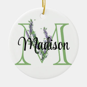 Alphabet letter M, watercolor Lavender botanical Ceramic Tree Decoration