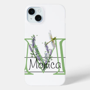 Alphabet letter M, watercolor Lavender Dragonfly iPhone 15 Mini Case
