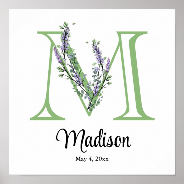 Alphabet letter M watercolor Lavender Eucalyptus  Poster (Front)