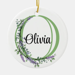 Alphabet letter O, watercolor Lavender botanical Ceramic Tree Decoration