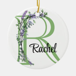 Alphabet letter R, watercolor Lavender botanical Ceramic Tree Decoration