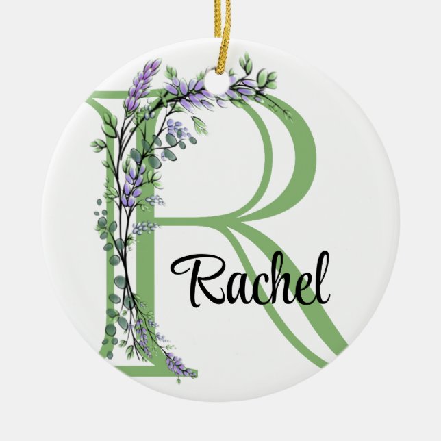 Alphabet letter R, watercolor Lavender botanical Ceramic Tree Decoration (Front)