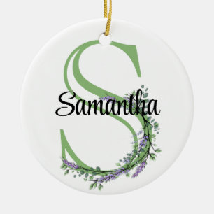 Alphabet letter S, watercolor Lavender botanical Ceramic Tree Decoration