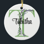 Alphabet letter T, watercolor Lavender botanical Ceramic Tree Decoration<br><div class="desc">A romantic and elegant design with monogrammed alphabet letter "T" framed by eucalyptus and lavender and dragonfly painted in watercolors. To get started changing the name, click on "Personalise this template" and edit the wording in the template boxes. To access the more advanced editing tools, scroll down to "Click to...</div>