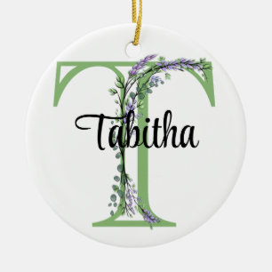 Alphabet letter T, watercolor Lavender botanical Ceramic Tree Decoration