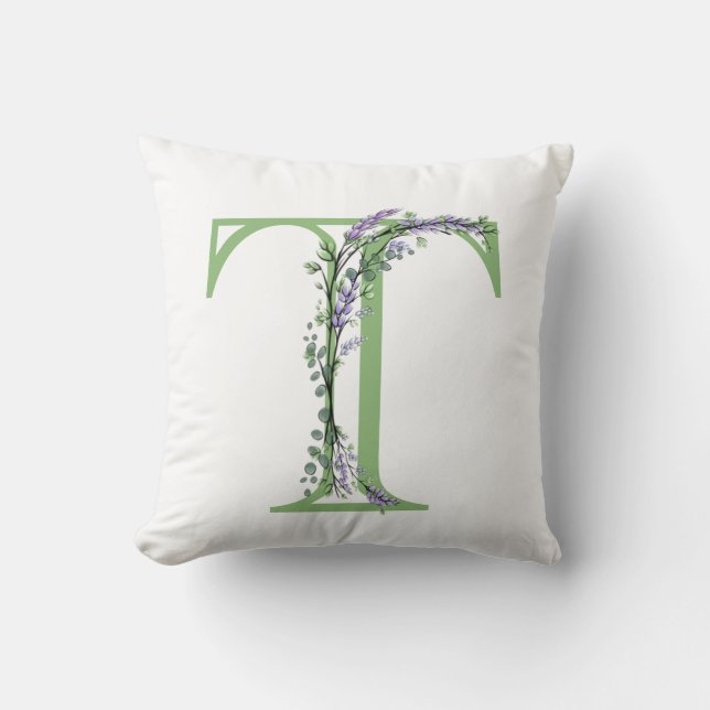 Alphabet letter T watercolor Lavender Eucalyptus Cushion (Front)
