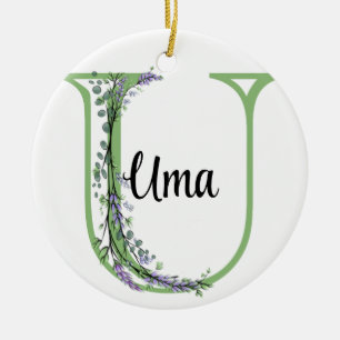 Alphabet letter U, watercolor Lavender botanical Ceramic Tree Decoration
