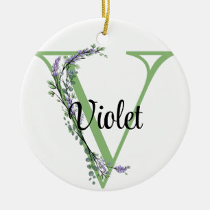 Alphabet letter V, watercolor Lavender botanical Ceramic Tree Decoration