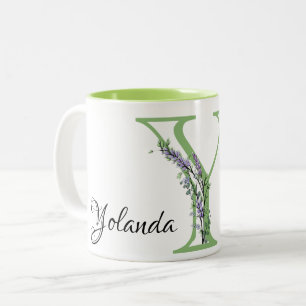 Alphabet letter Y, watercolor Lavender botanical Two-Tone Coffee Mug