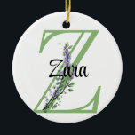 Alphabet letter Z, watercolor Lavender botanical Ceramic Tree Decoration<br><div class="desc">A romantic and elegant design with monogrammed alphabet letter "Z" framed by eucalyptus and lavender and dragonfly painted in watercolors. To get started changing the name, click on "Personalise this template" and edit the wording in the template boxes. To access the more advanced editing tools, scroll down to "Click to...</div>