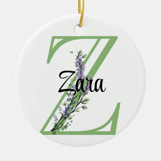 Alphabet letter Z, watercolor Lavender botanical Ceramic Tree Decoration (Front)