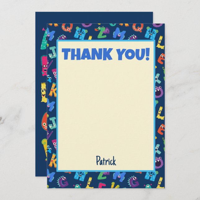 Alphabet Monsters Birthday Party ABC Thank You Invitation (Front/Back)