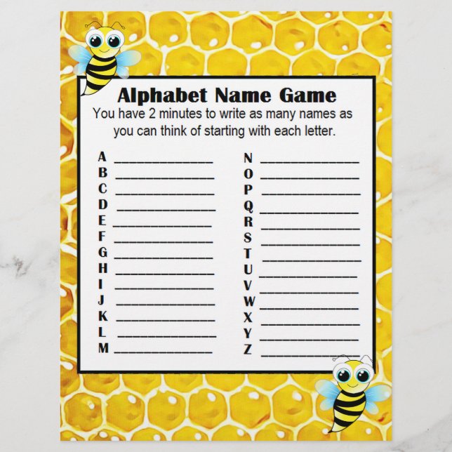 Alphabet Name Game and Baby Shower Bingo Game Flyer (Front)