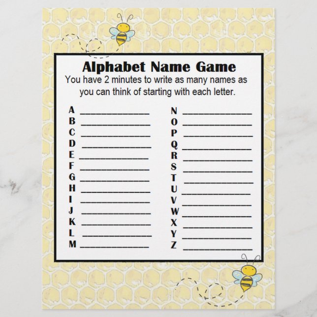 Alphabet Name Game and Baby Shower Bingo Game Flyer (Front)