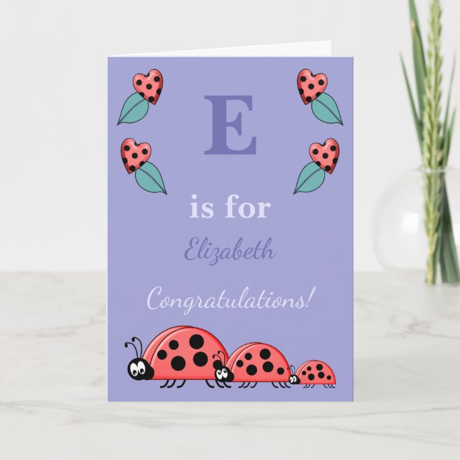 Alphabet name new baby cute ladybirds purple card (Front)
