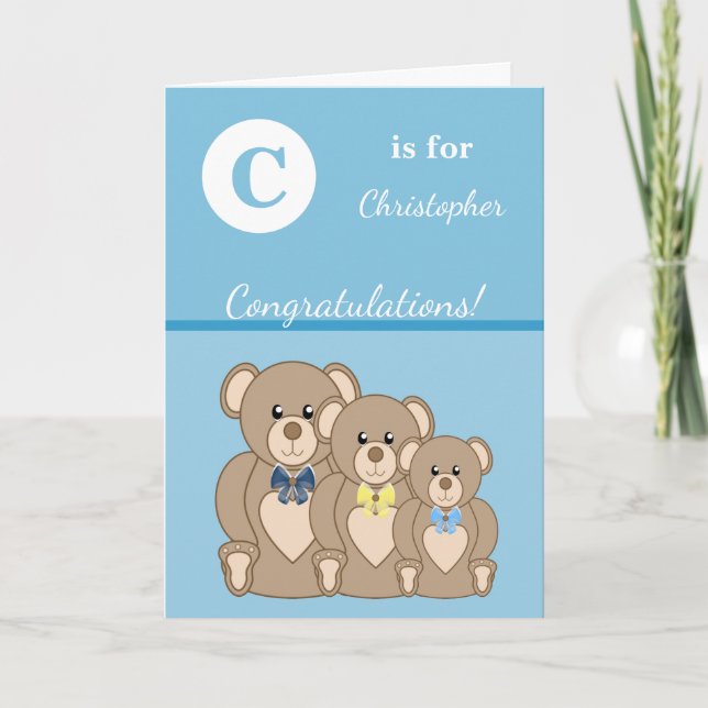 Alphabet name new baby cute teddy bears blue card (Front)
