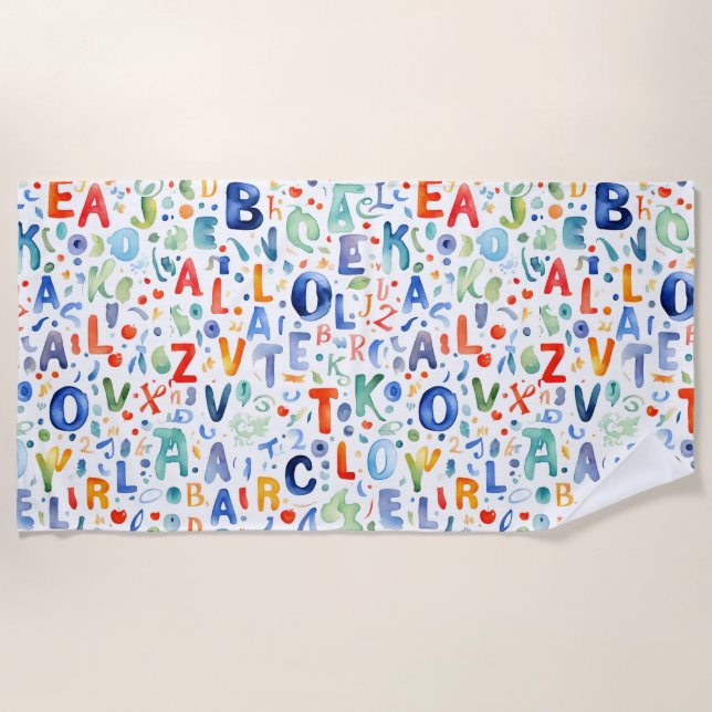 Alphabet Pattern watercolor art.  Beach Towel (Front)
