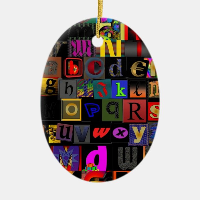 Alphabet Soup, mosaic letters design, fun colourfu Ceramic Tree Decoration (Front)