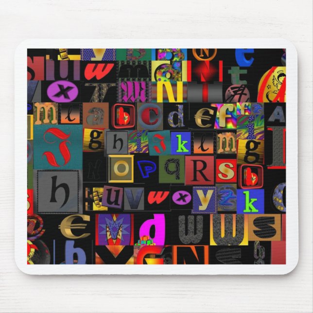 Alphabet Soup, mosaic letters design, fun colourfu Mouse Mat (Front)
