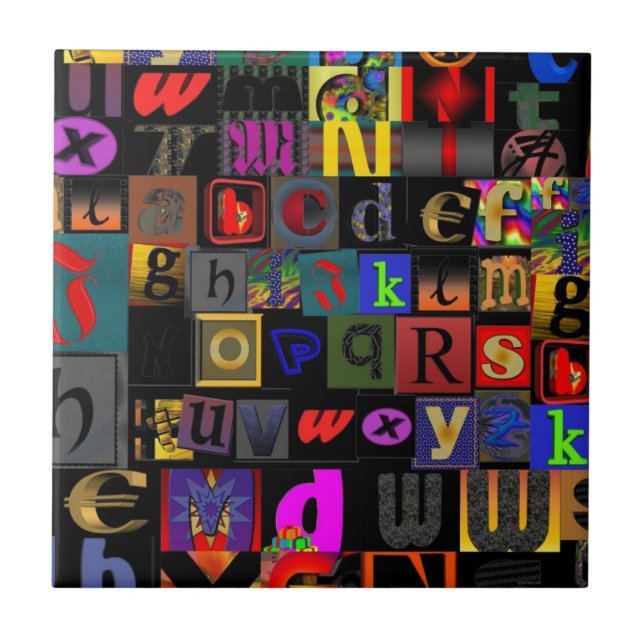 Alphabet Soup, mosaic letters design, fun colourfu Tile (Front)