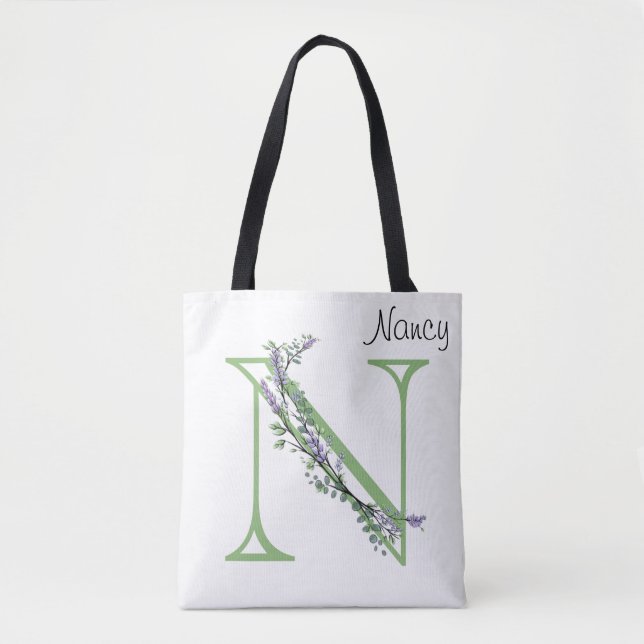 Alphabet the letter N,Monogram Lavender Eucalyptus Tote Bag (Front)