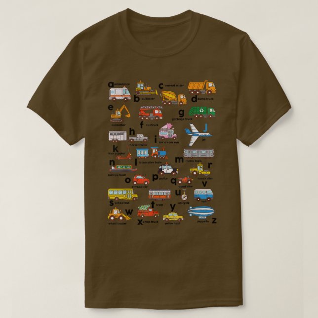 Alphabet Vehicles ABCs Lower Case Learning Teacher T-Shirt (Design Front)
