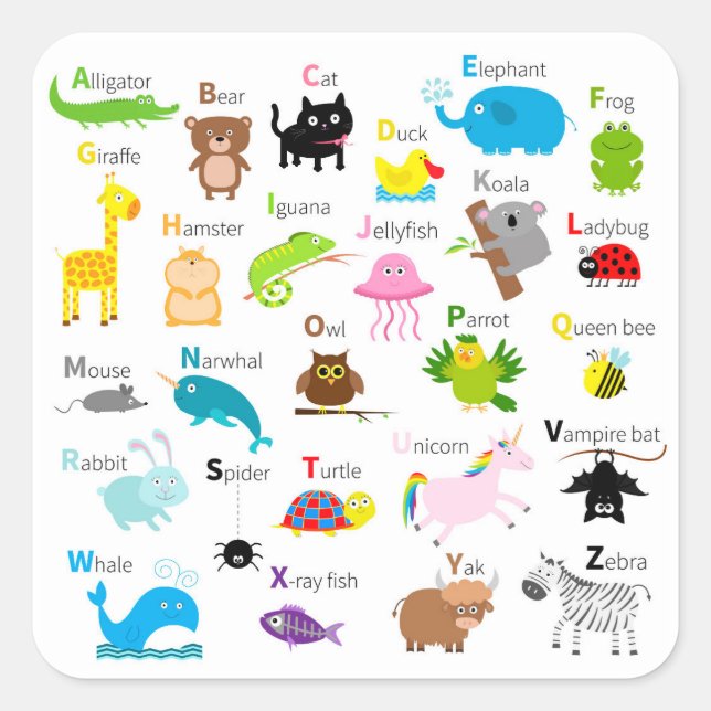 Alphabet with animal pictures and letters square sticker (Front)