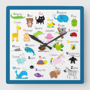 Alphabet with animal pictures and letters square wall clock