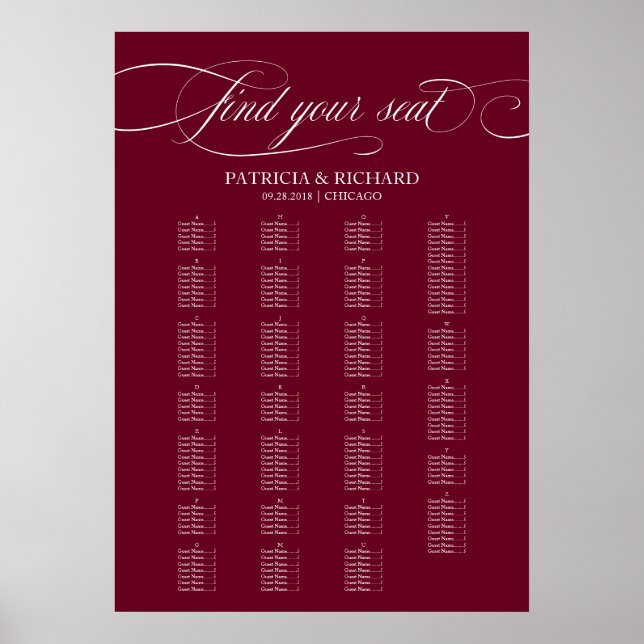 Alphabetical Burgundy Marsala Seating Chart (Front)