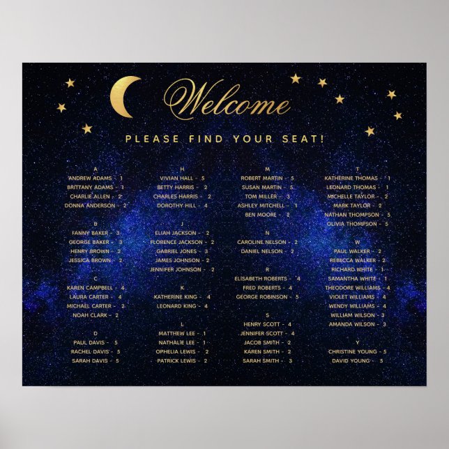 Alphabetical Celestial Wedding Stars Seating Chart (Front)