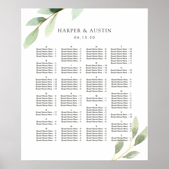 ALPHABETICAL ORDER Green Wedding Seating Chart (Front)