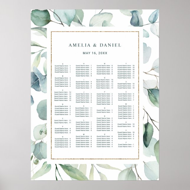 ALPHABETICAL Order Greenery Wedding Seating Chart (Front)