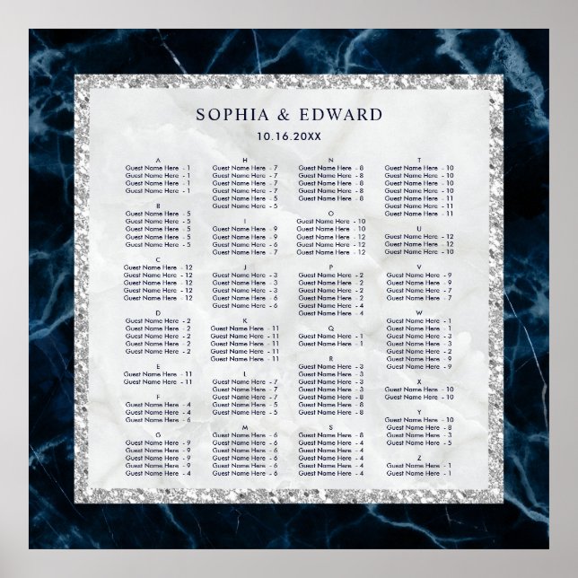 ALPHABETICAL ORDER Marble Wedding Seating Chart (Front)