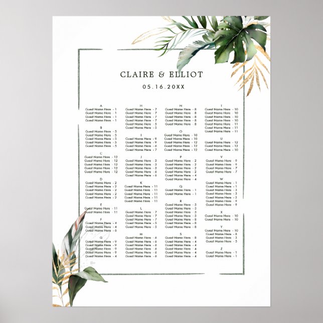 ALPHABETICAL ORDER Tropical Wedding Seating Chart (Front)