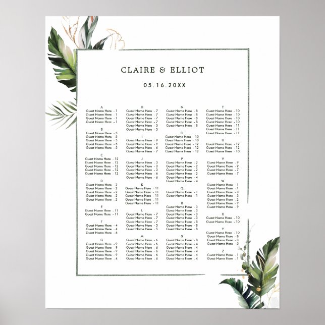 ALPHABETICAL ORDER Tropical Wedding Seating Poster (Front)